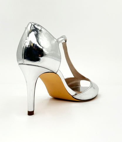 Chelsea Crew Metallic Silver T-Strap Blondie Heels