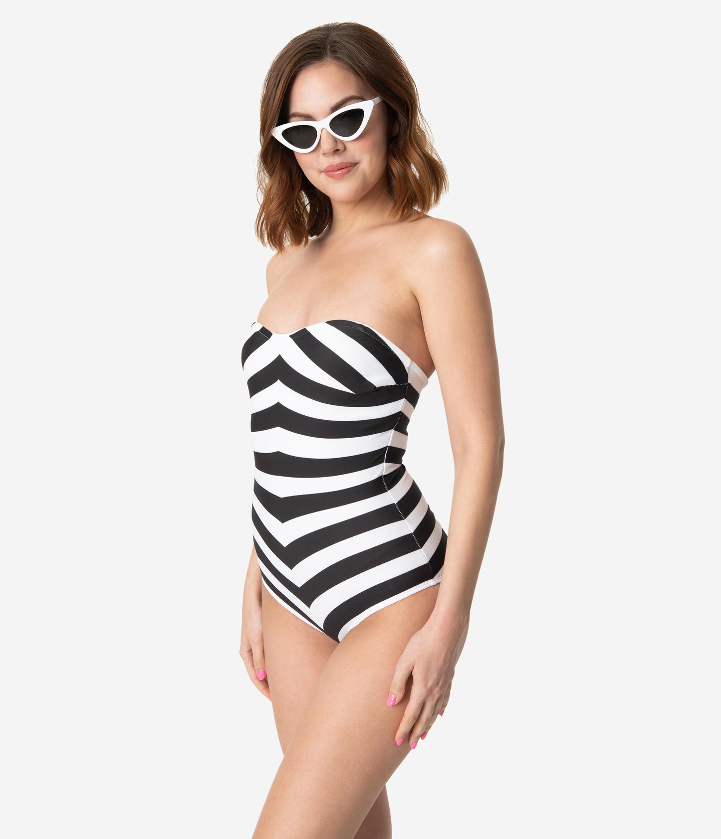 Barbie™ x Unique Vintage Black & White Chevron Stripe One Piece Bathing Suit - Unique Vintage - Womens, SWIM, 1 PC