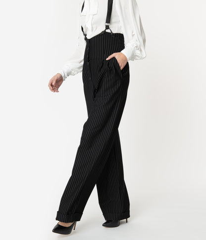 Unique Vintage 1930s Black & White Pin Stripe Thelma Suspender Pants - Unique Vintage - Womens, BOTTOMS, PANTS