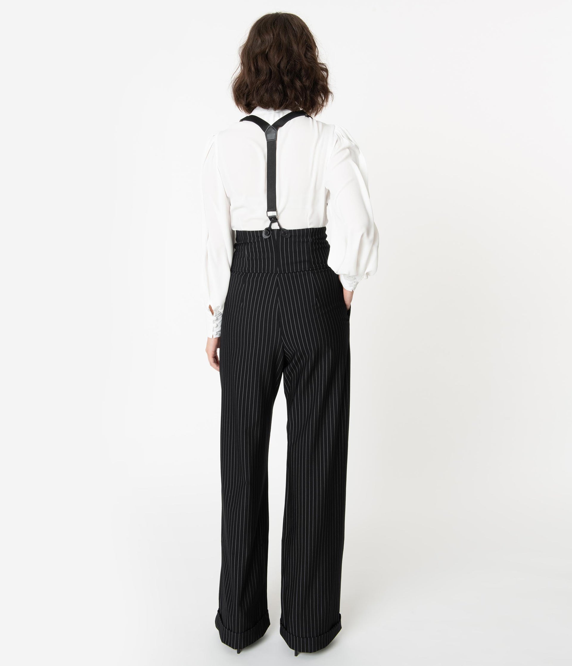 Unique Vintage 1930s Black & White Pin Stripe Thelma Suspender Pants - Unique Vintage - Womens, BOTTOMS, PANTS