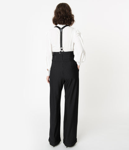 Unique Vintage 1930s Black & White Pin Stripe Thelma Suspender Pants - Unique Vintage - Womens, BOTTOMS, PANTS