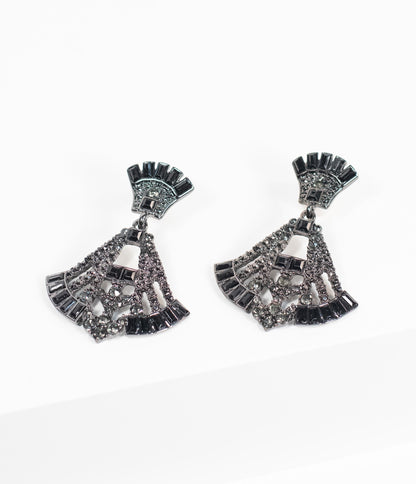 Deco Style Black Rhinestone Drop Fan Earrings