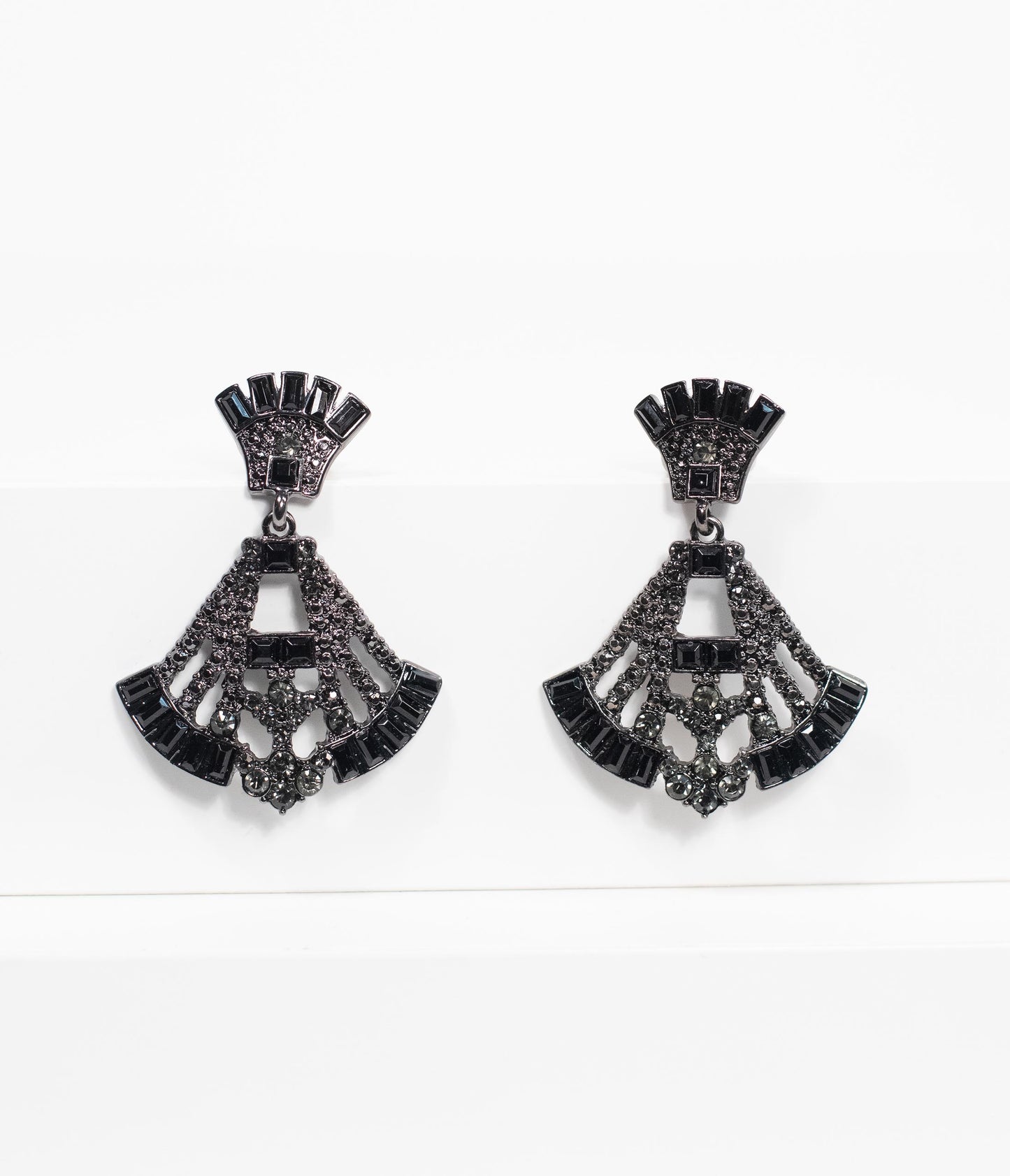 Deco Style Black Rhinestone Drop Fan Earrings