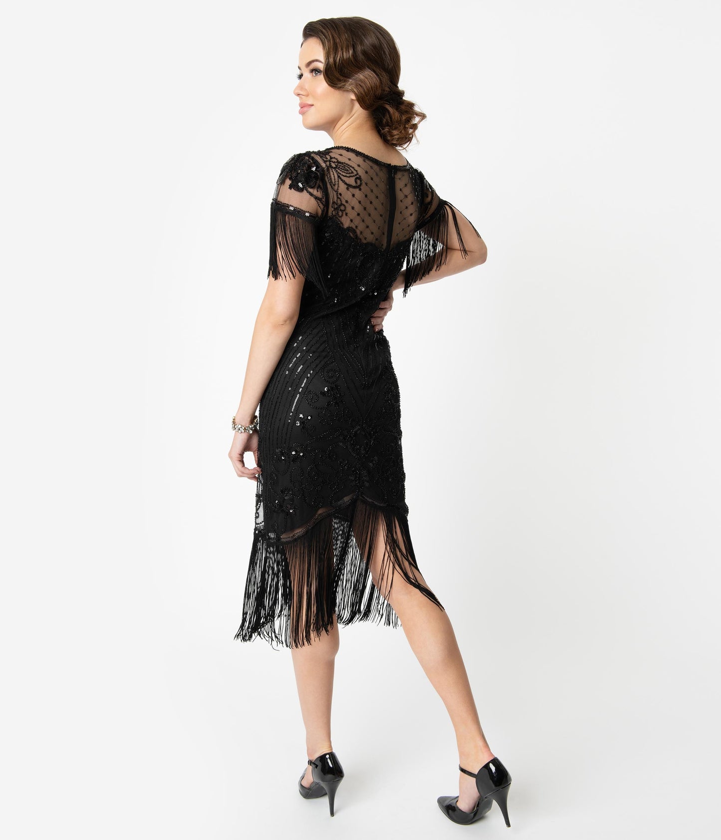 Unique Vintage 1920s Black Beaded Fringe Sleeve Nadine Flapper Dress