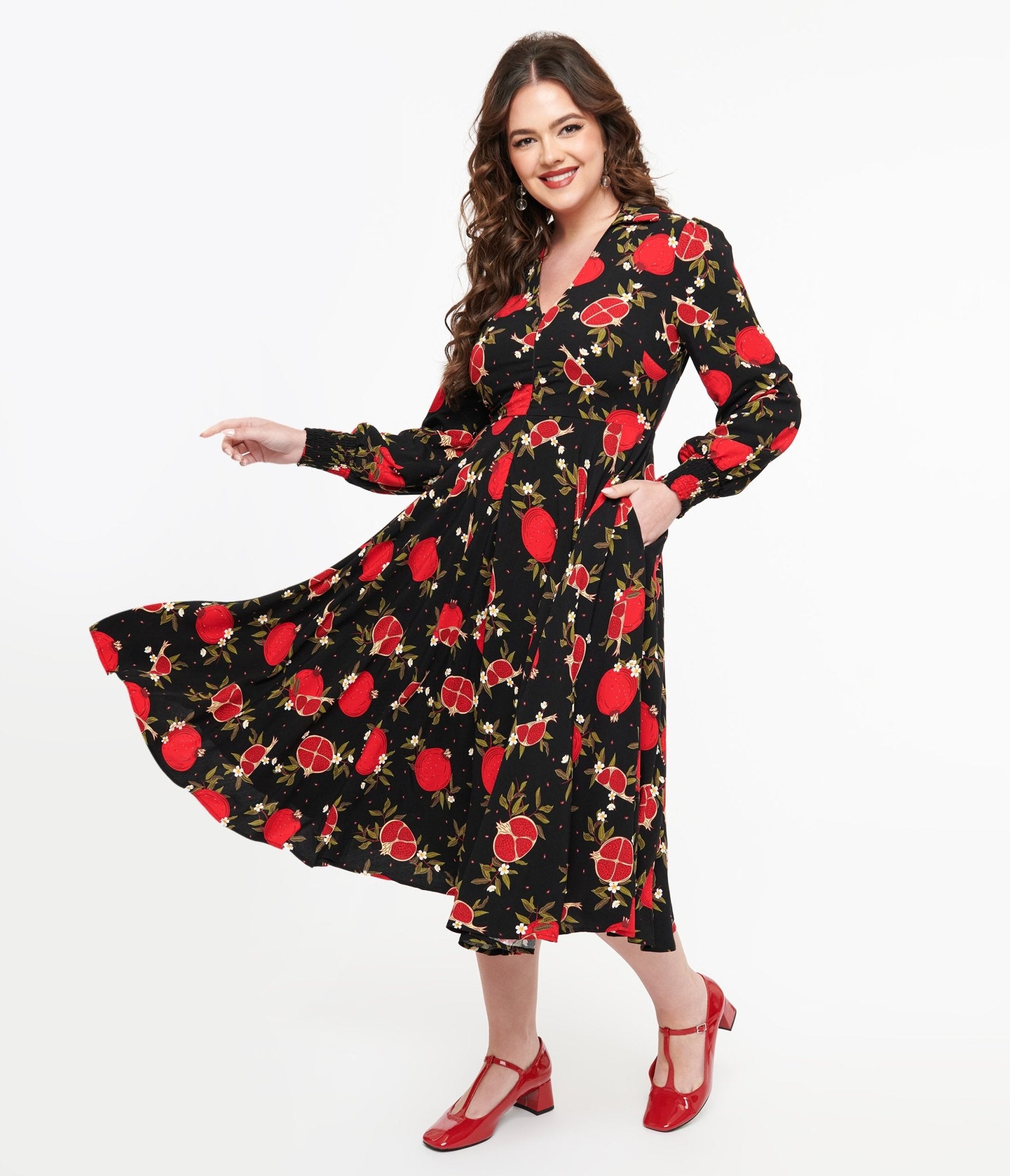 Banned 1940s Black & Red Pomegranate Midi Dress - Unique Vintage - Womens, DRESSES, MIDI