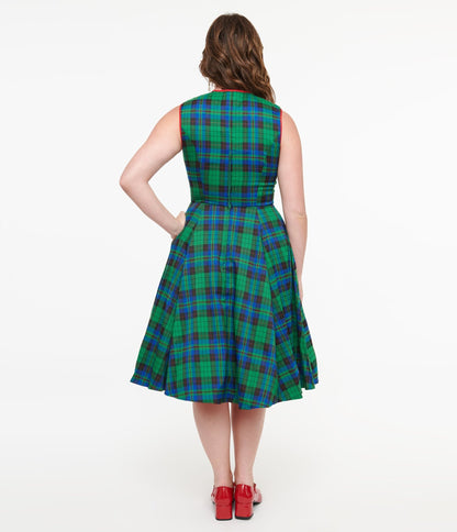 Banned 1950s Green & Blue Winter Check Swing Dress - Unique Vintage - Womens, DRESSES, SWING