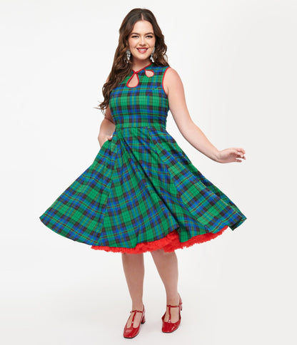 Banned 1950s Green & Blue Winter Check Swing Dress - Unique Vintage - Womens, DRESSES, SWING