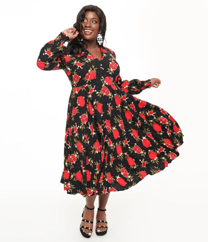 Banned Plus Size 1940s Black & Red Pomegranate Midi Dress - Unique Vintage - Womens, DRESSES, MIDI