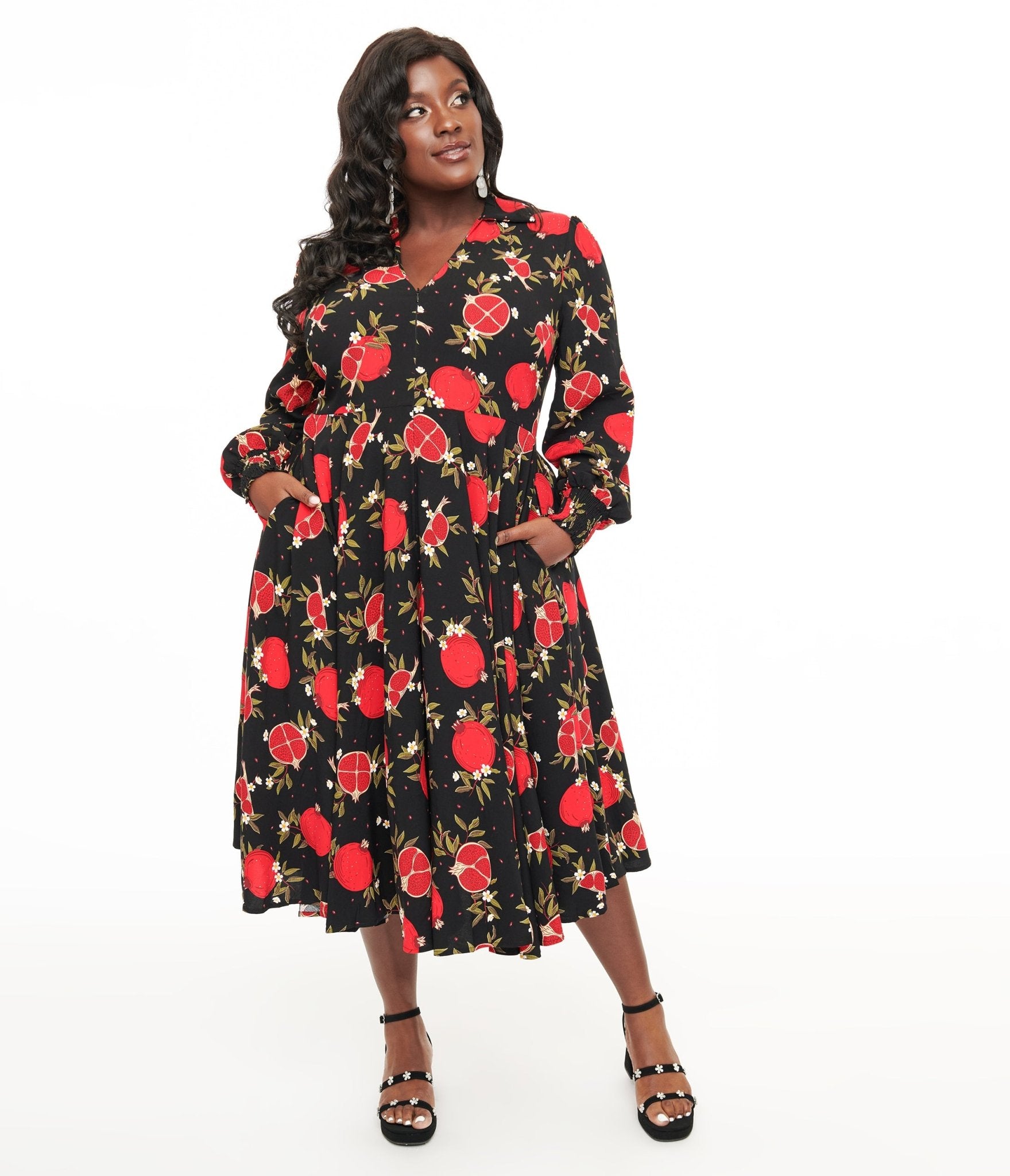 Banned Plus Size 1940s Black & Red Pomegranate Midi Dress - Unique Vintage - Womens, DRESSES, MIDI