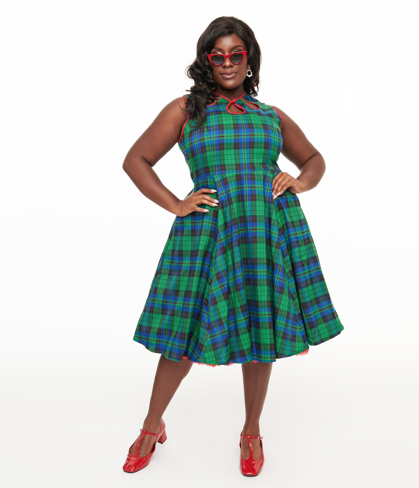 Banned Plus Size 1950s Green & Blue Winter Check Swing Dress - Unique Vintage - Womens, DRESSES, SWING