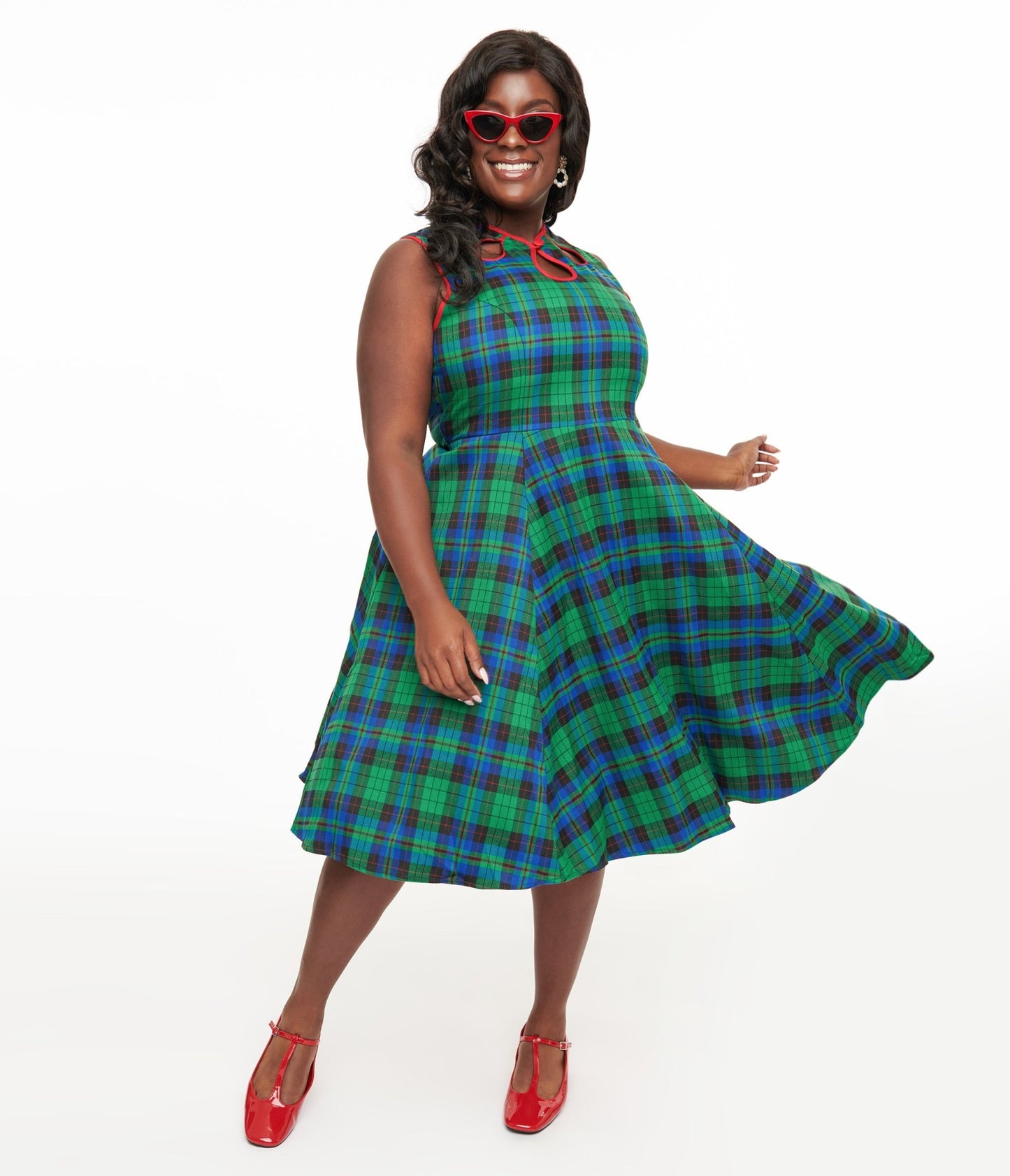 Banned Plus Size 1950s Green & Blue Winter Check Swing Dress - Unique Vintage - Womens, DRESSES, SWING