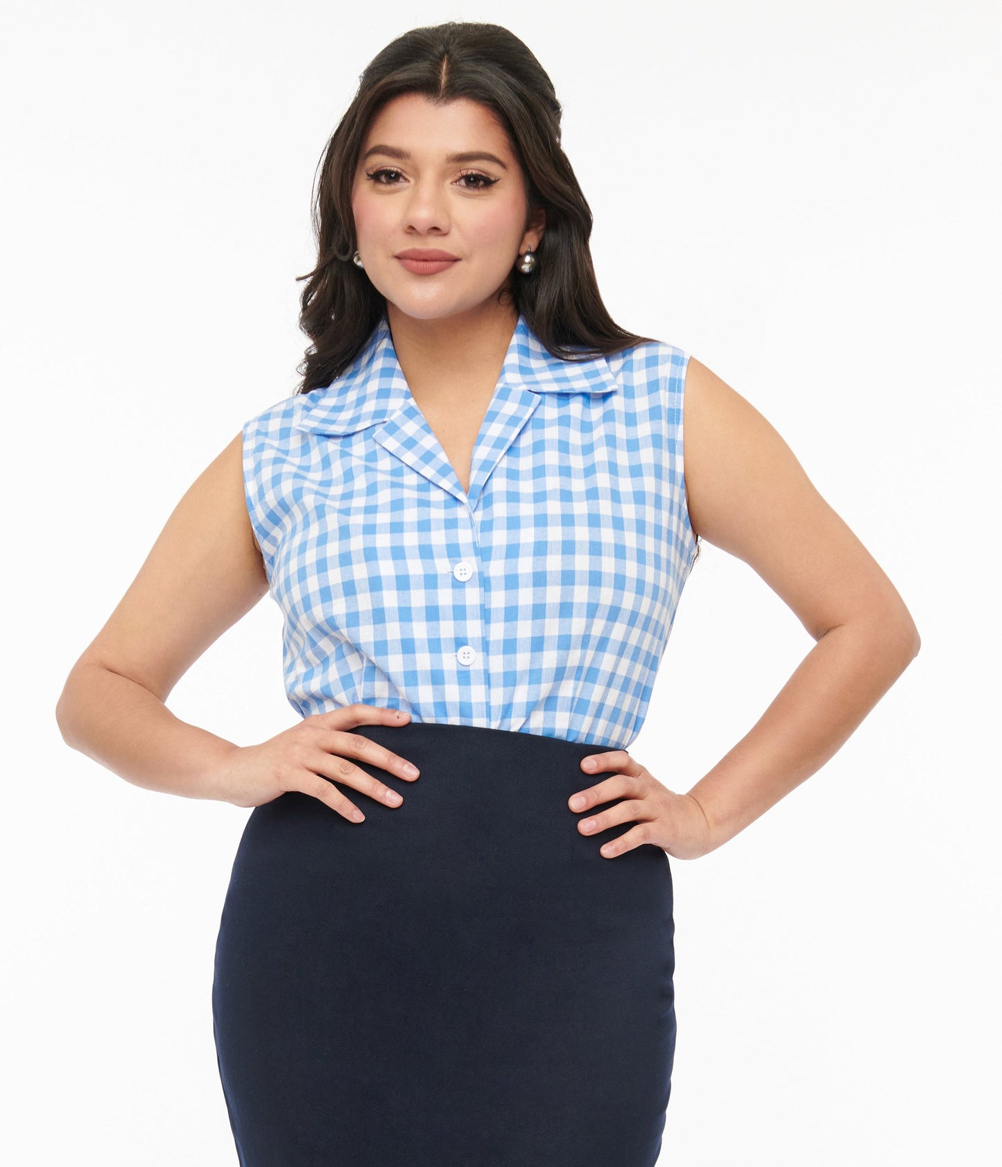 Barbie x Unique Vintage 1950s Blue & White Gingham Commuter Set Collar Blouse - Unique Vintage - Womens, TOPS, WOVEN TOPS