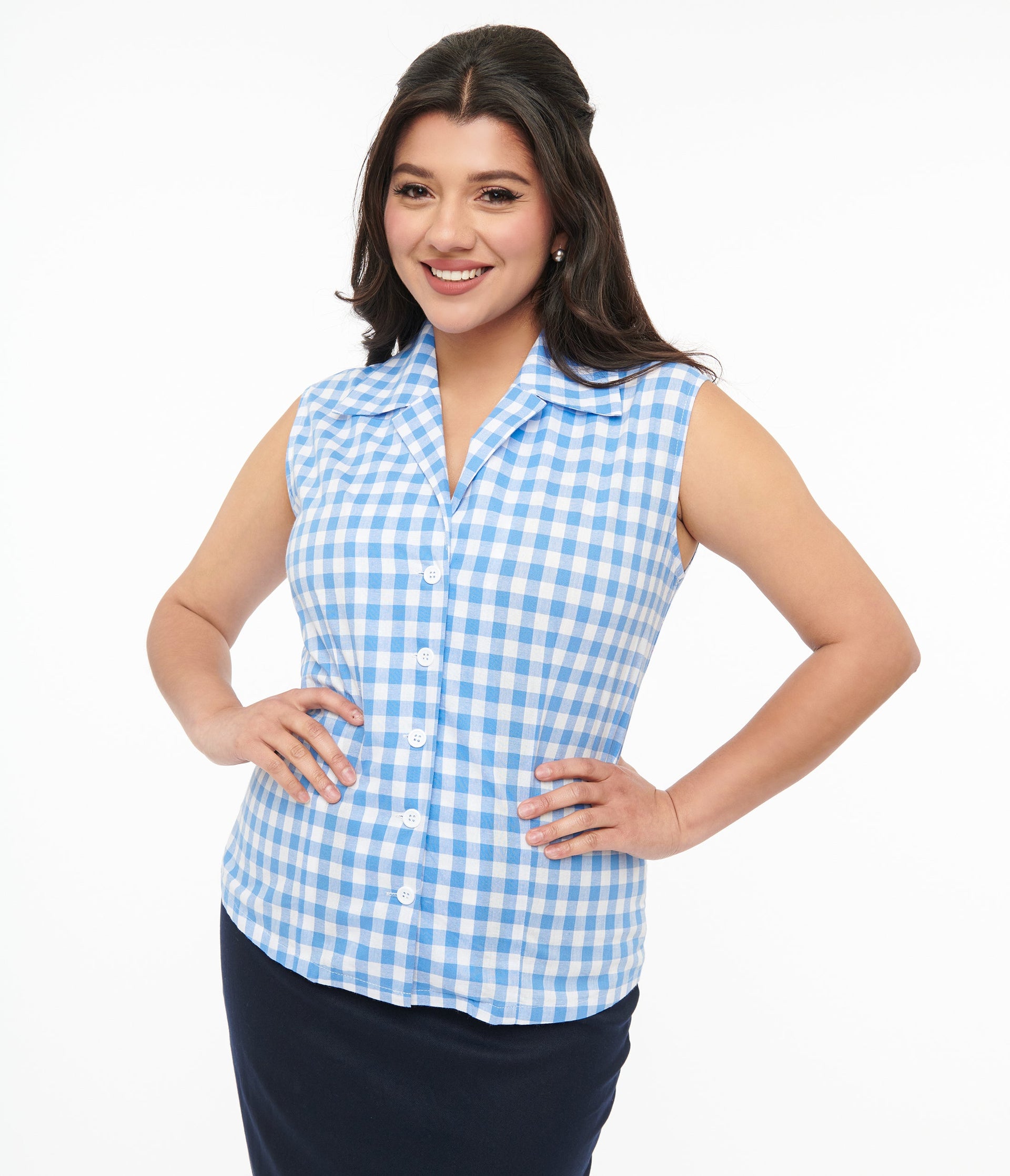 Barbie x Unique Vintage 1950s Blue & White Gingham Commuter Set Collar Blouse - Unique Vintage - Womens, TOPS, WOVEN TOPS