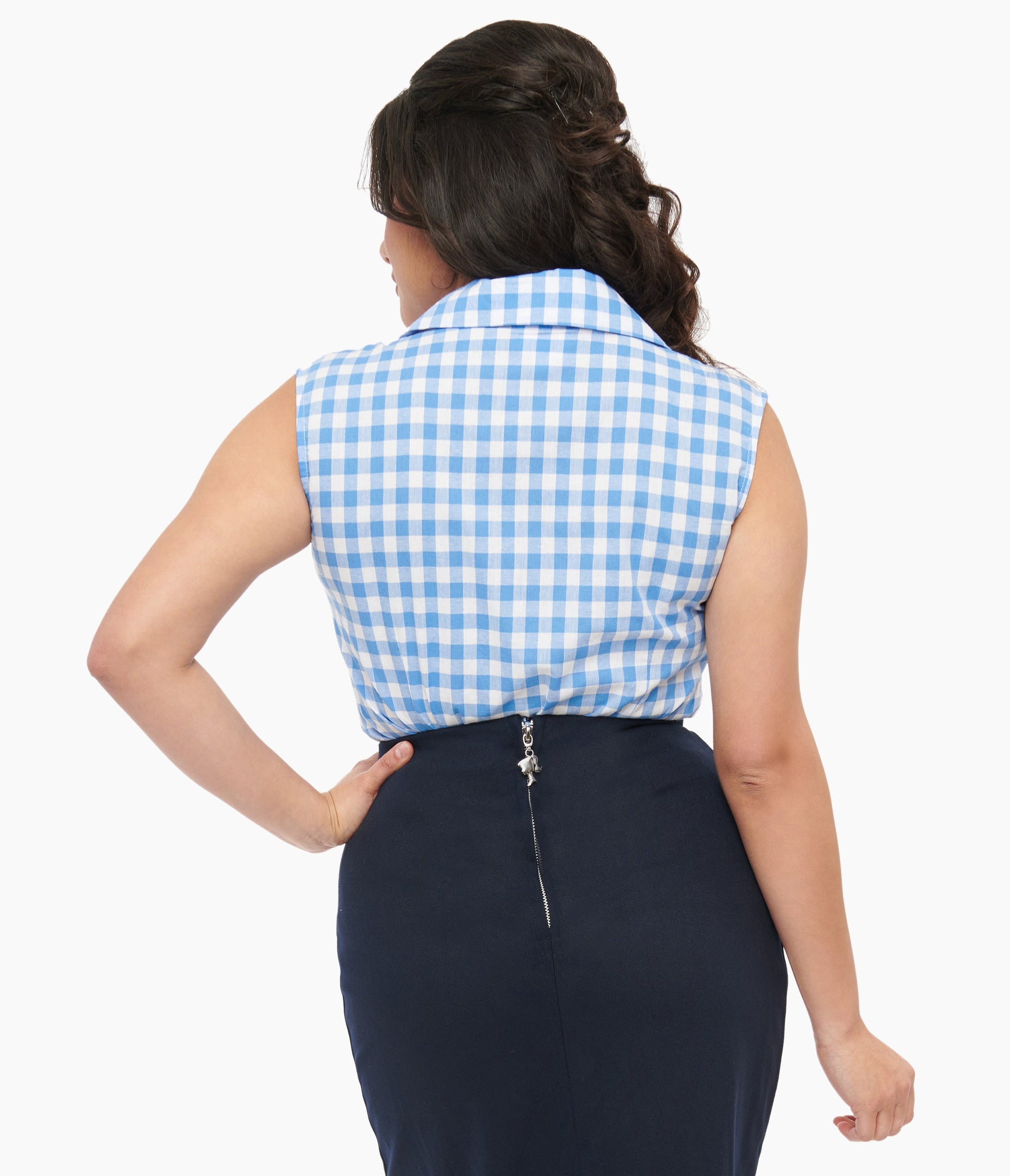 Barbie x Unique Vintage 1950s Blue & White Gingham Commuter Set Collar Blouse - Unique Vintage - Womens, TOPS, WOVEN TOPS