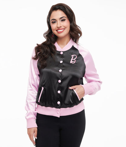 Barbie x Unique Vintage Pink & Black OG Barbie Long Sleeve Bomber Jacket - Unique Vintage - Womens, TOPS, OUTERWEAR