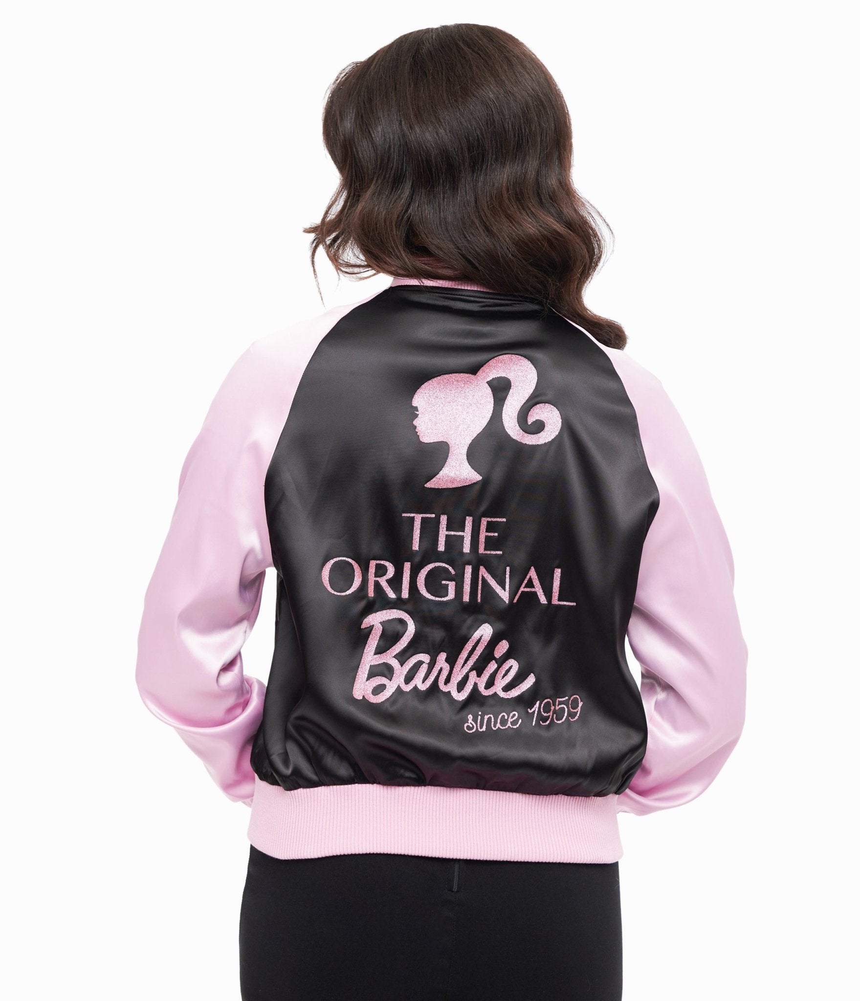 Barbie x Unique Vintage Pink & Black OG Barbie Long Sleeve Bomber Jacket - Unique Vintage - Womens, TOPS, OUTERWEAR