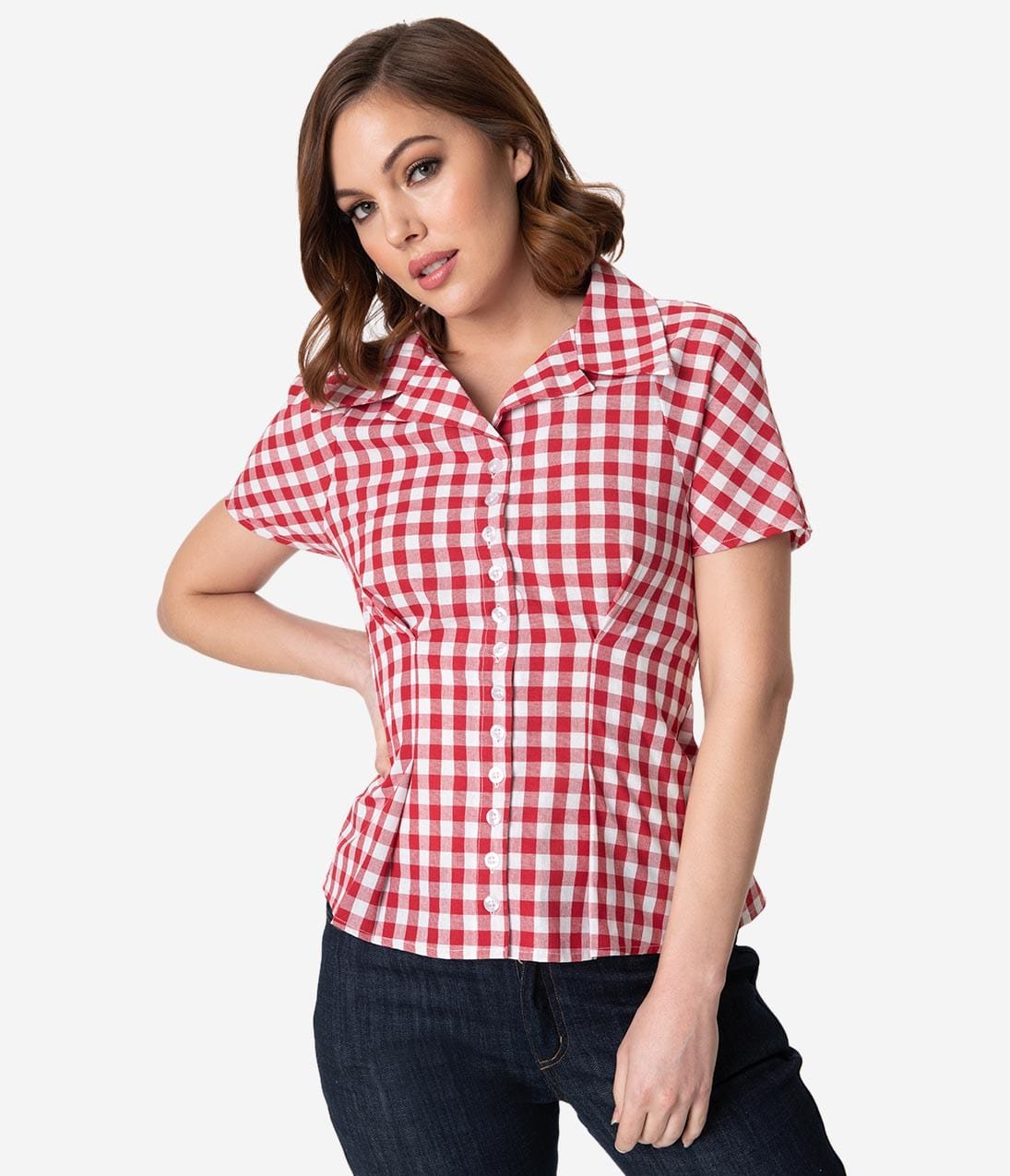 Unique Vintage Gingham Red and White offers Seersucker Peplum Top Small