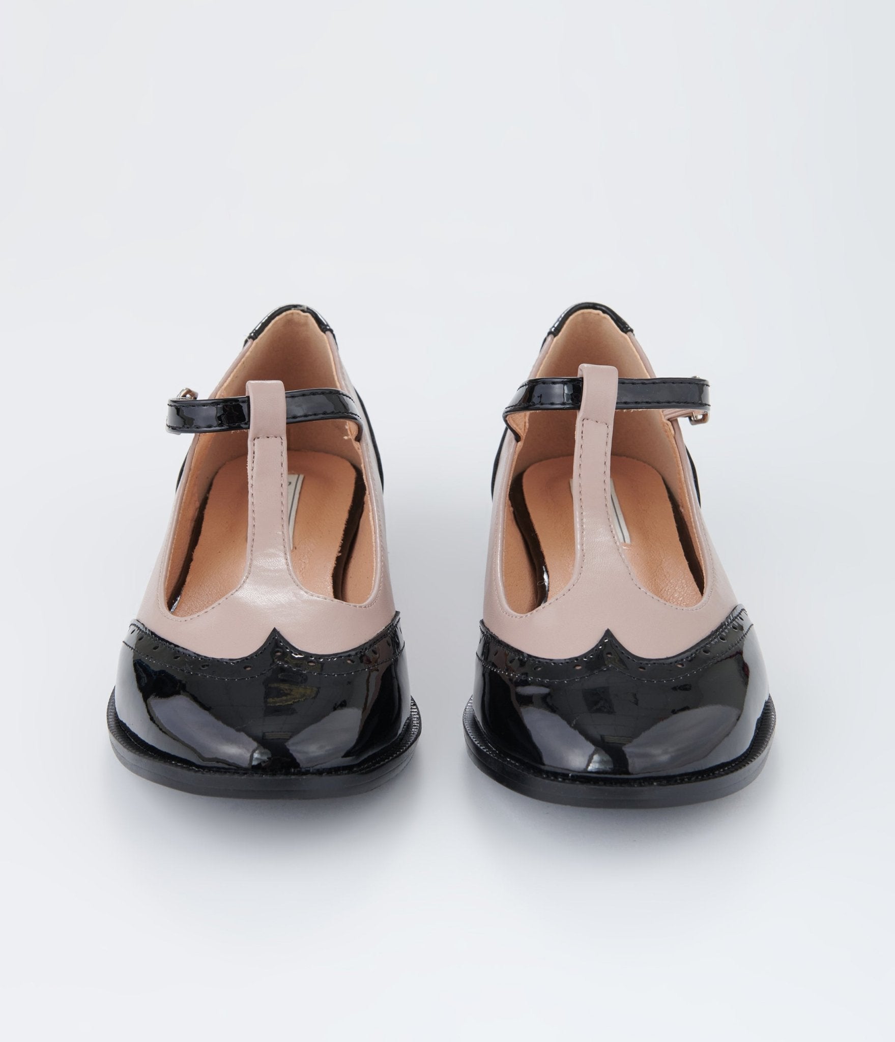 Beige & Black Patent Leatherette Oxford T - Strap Flats - Unique Vintage - Womens, SHOES, FLATS