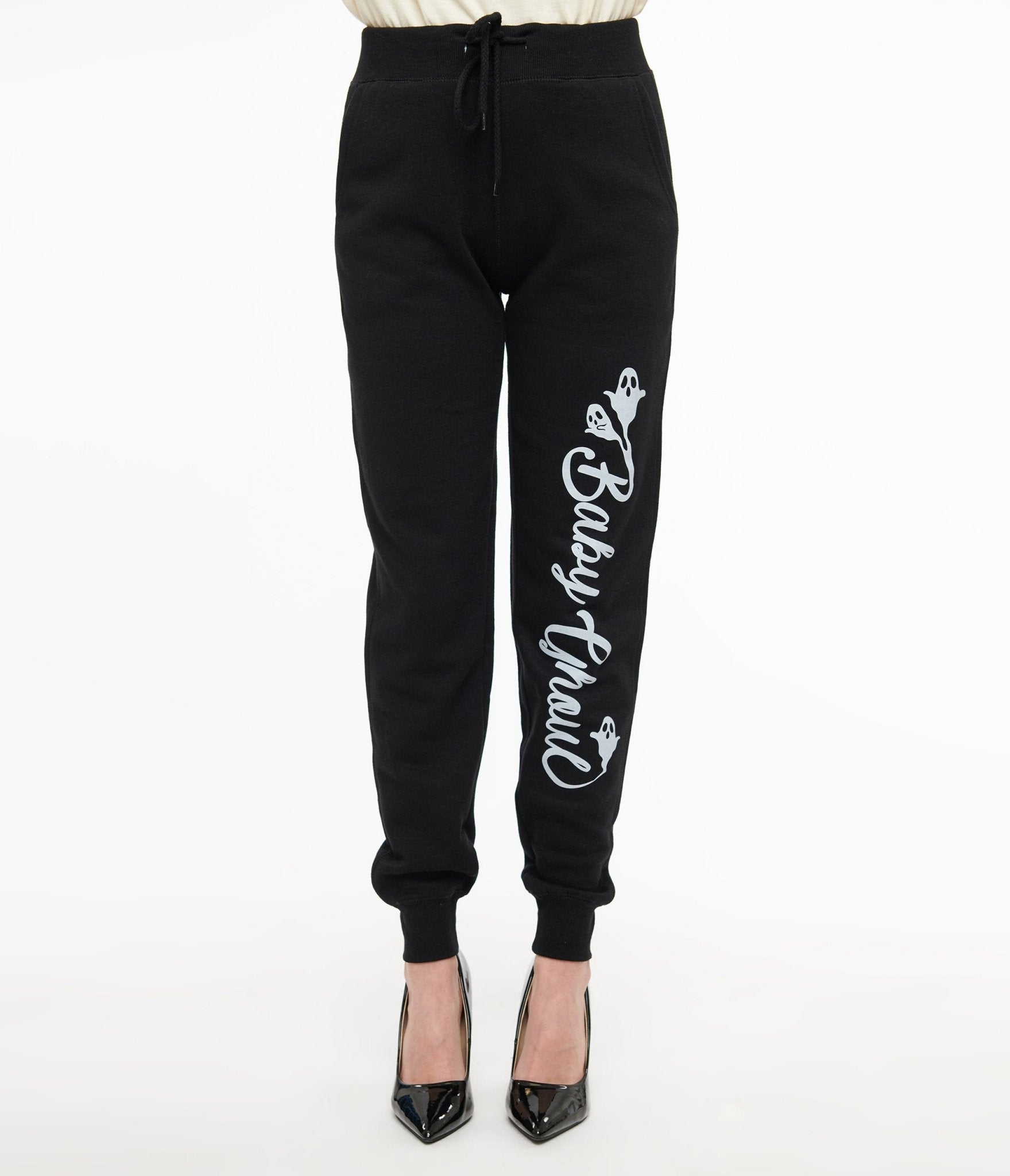 Black Baby Ghoul Fleece Sweatpants - Unique Vintage - Womens, BOTTOMS, PANTS