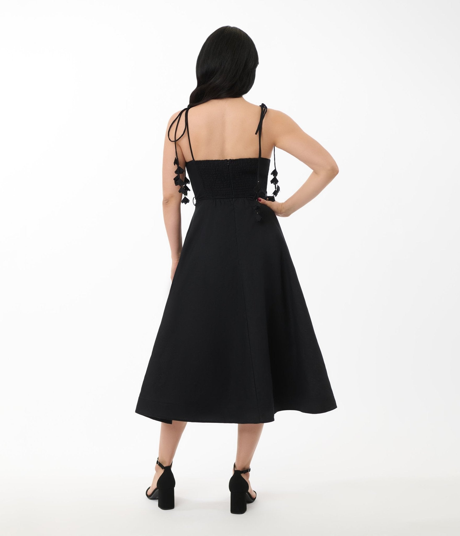 Black Bustier Shoulder Tie Midi Dress - Unique Vintage - Womens, DRESSES, MIDI