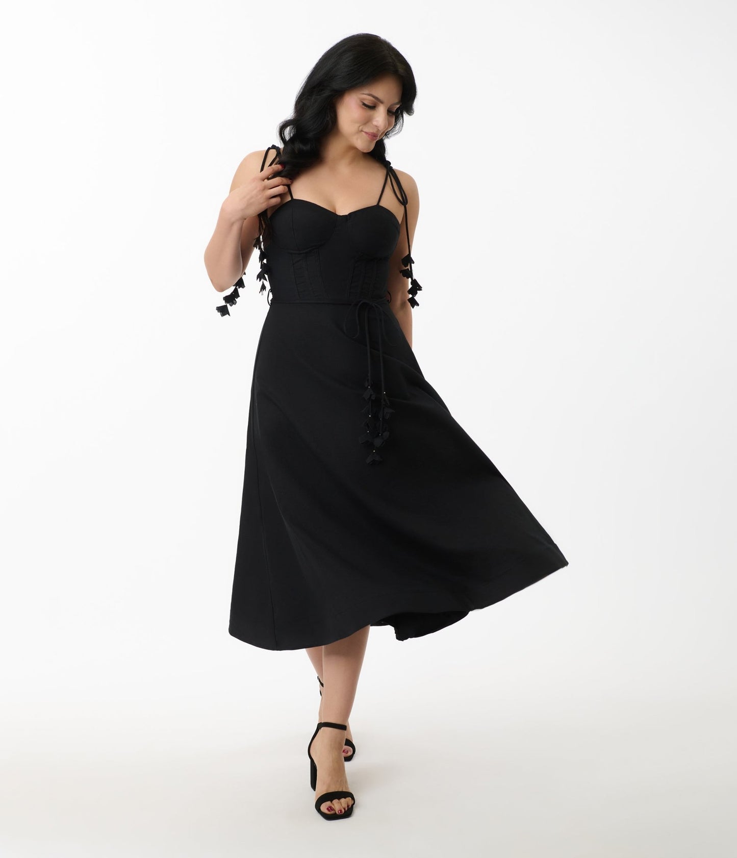 Black Bustier Shoulder Tie Midi Dress - Unique Vintage - Womens, DRESSES, MIDI