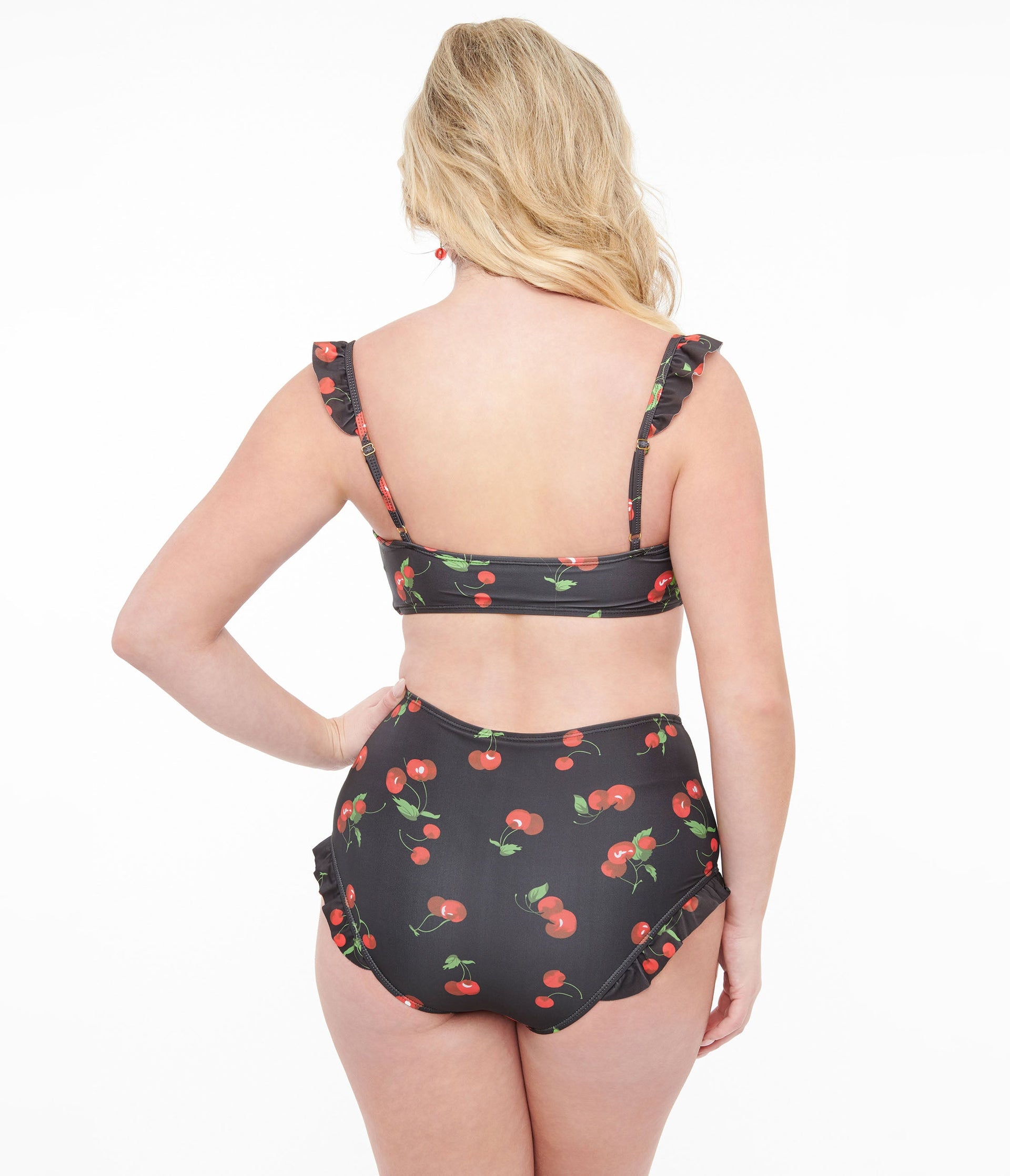 Black & Cherry Print Two Piece Swim Set - Unique Vintage - Womens, SWIM, 1 PC