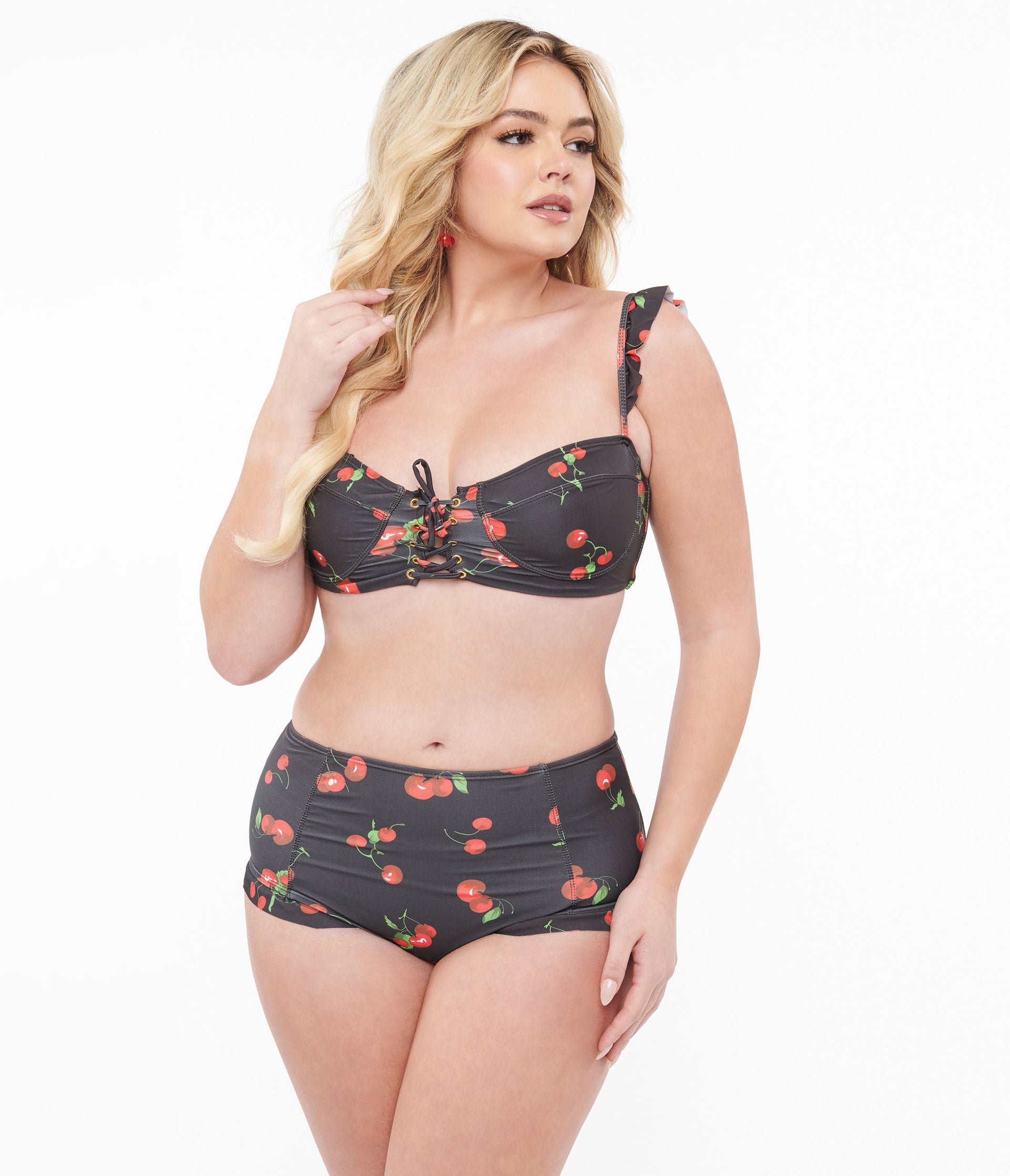 Black & Cherry Print Two Piece Swim Set - Unique Vintage - Womens, SWIM, 1 PC