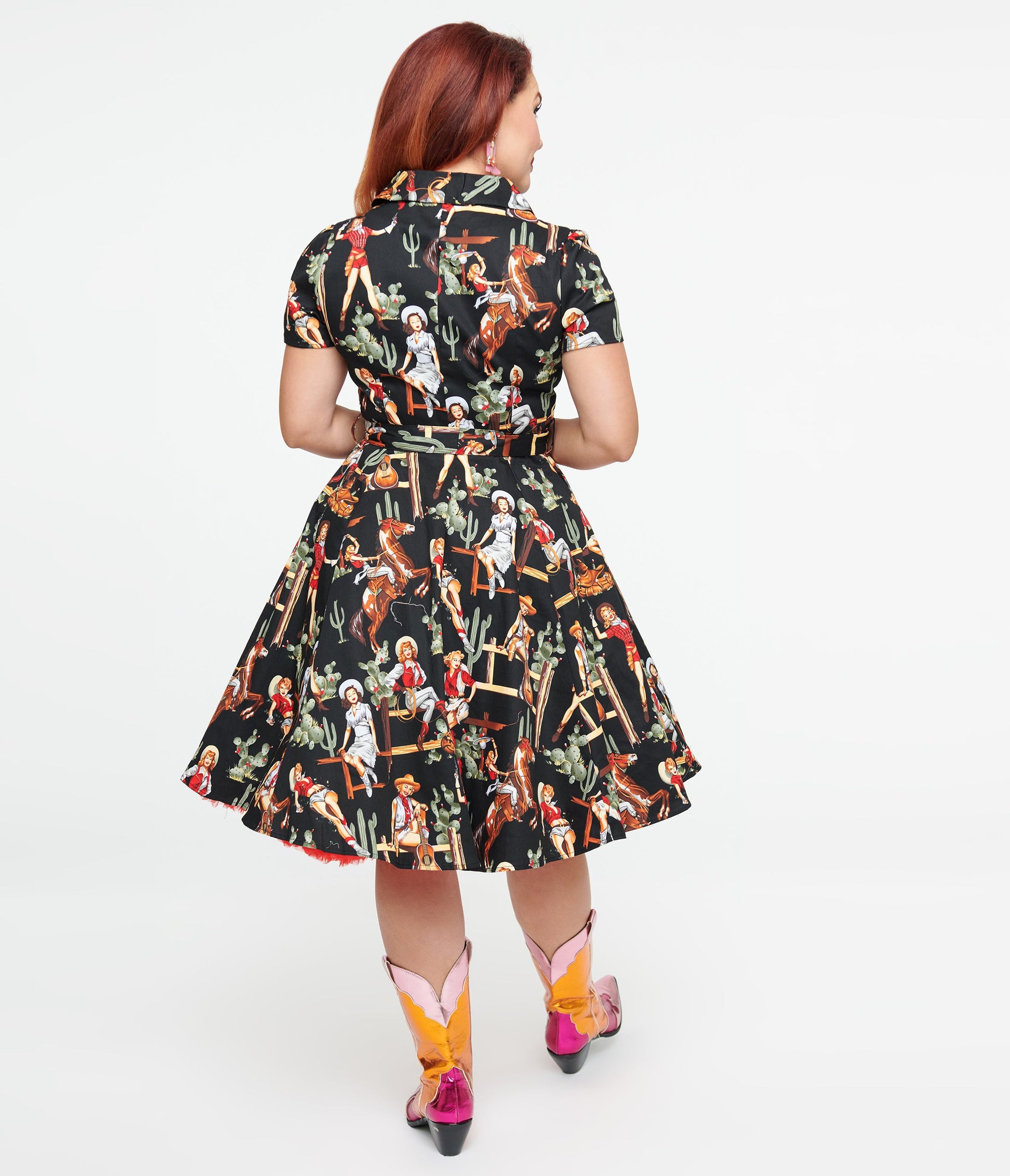 Black & Cowgirl Print Swing Shirt Dress - Unique Vintage - Womens, DRESSES, SWING