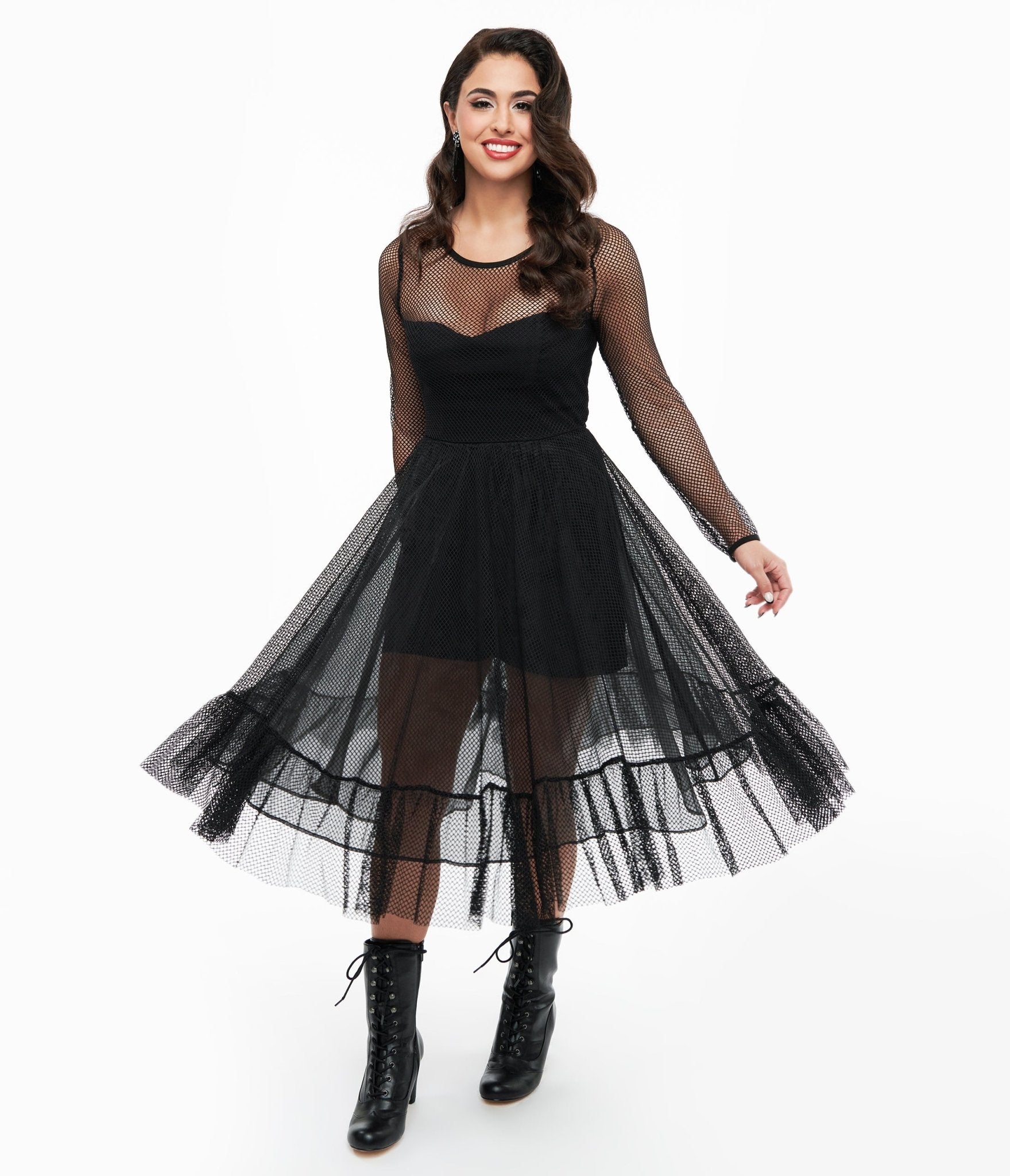 Black Fishnet Ruffle Dress & Built - in Romper - Unique Vintage - Womens, HALLOWEEN, DRESSES