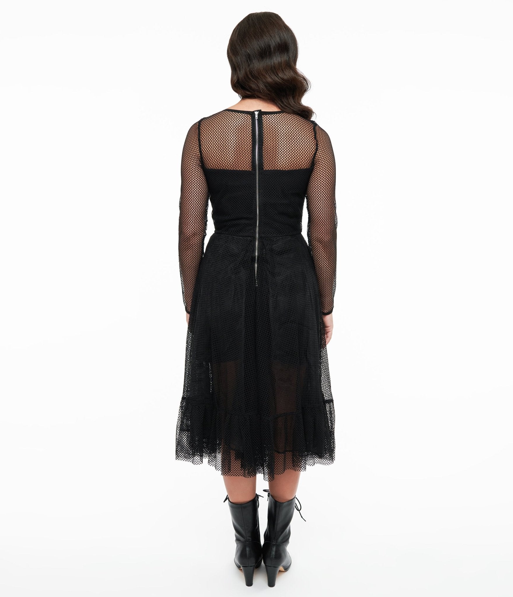 Black Fishnet Ruffle Dress & Built - in Romper - Unique Vintage - Womens, HALLOWEEN, DRESSES