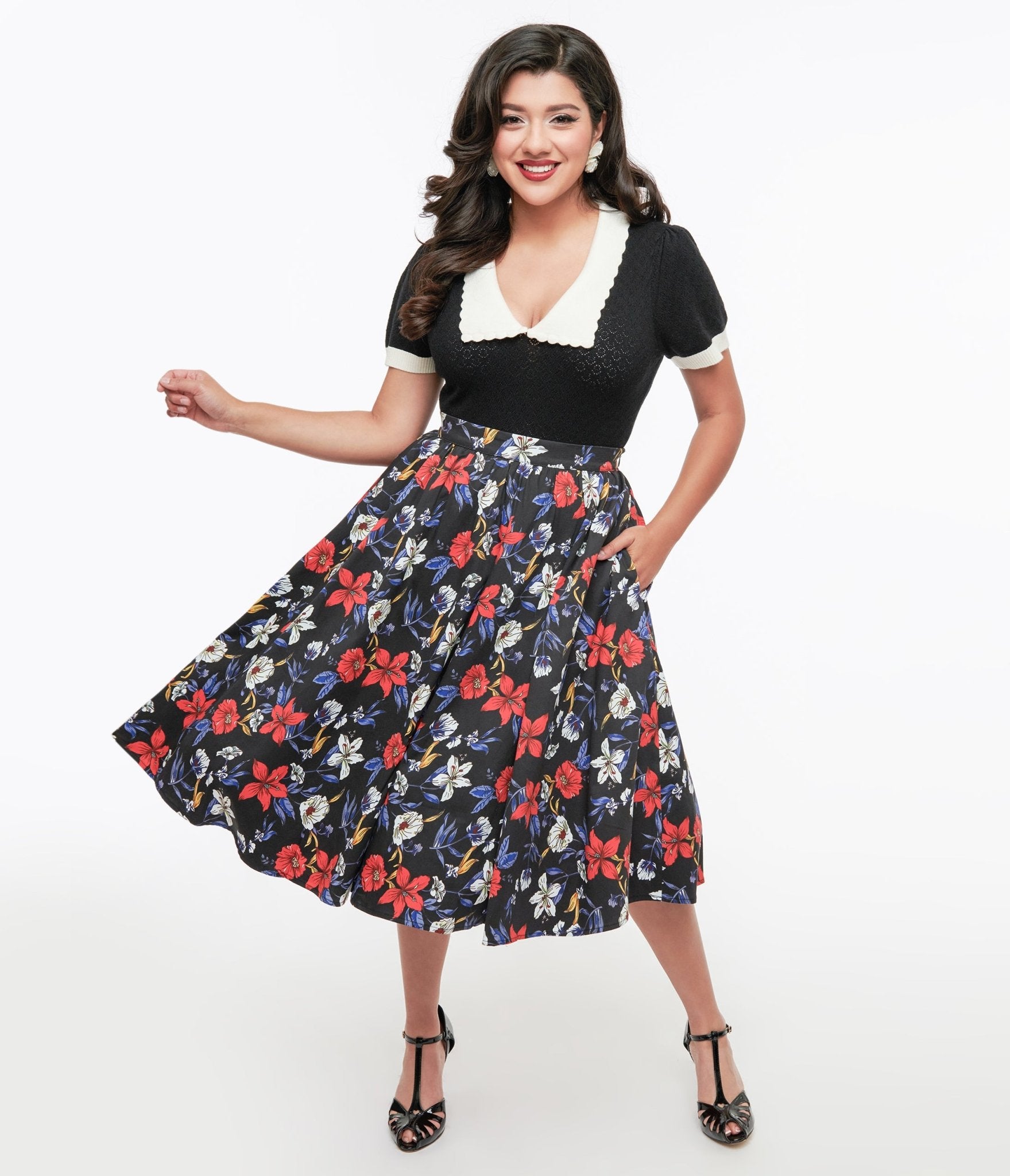 Black Floral Print Milly Swing Skirt - Unique Vintage - Womens, BOTTOMS, SKIRTS