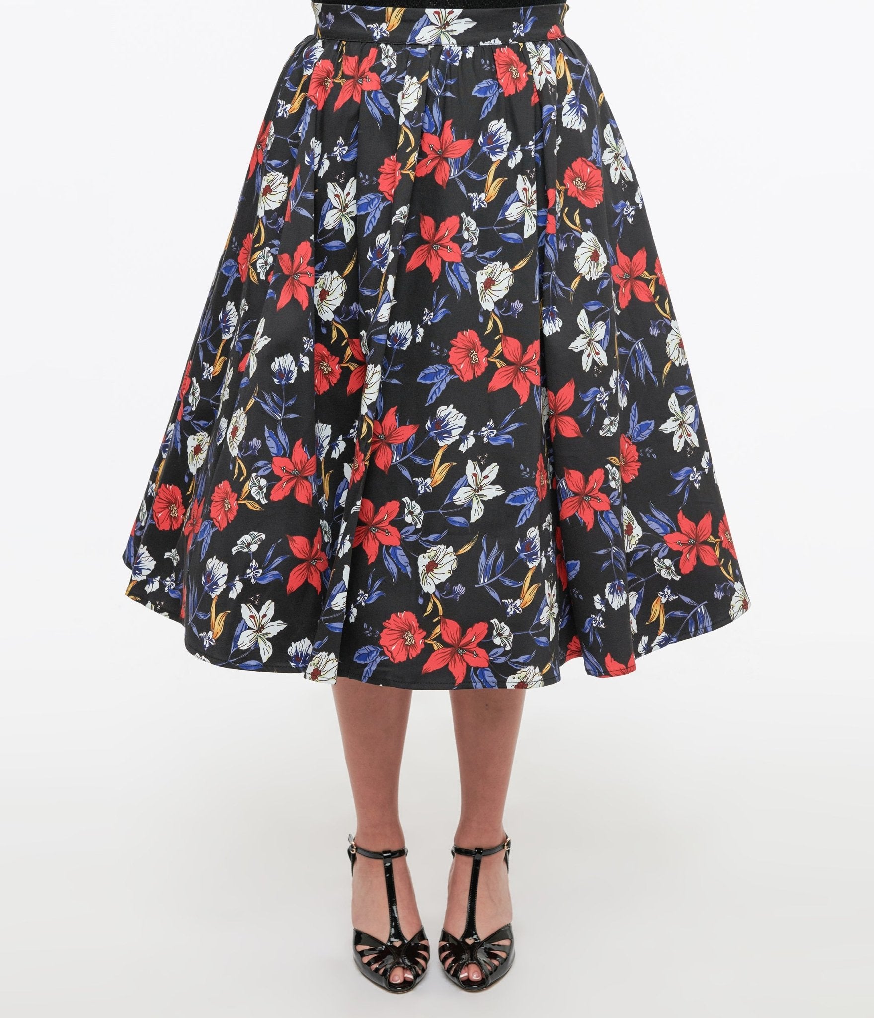 Black Floral Print Milly Swing Skirt - Unique Vintage - Womens, BOTTOMS, SKIRTS