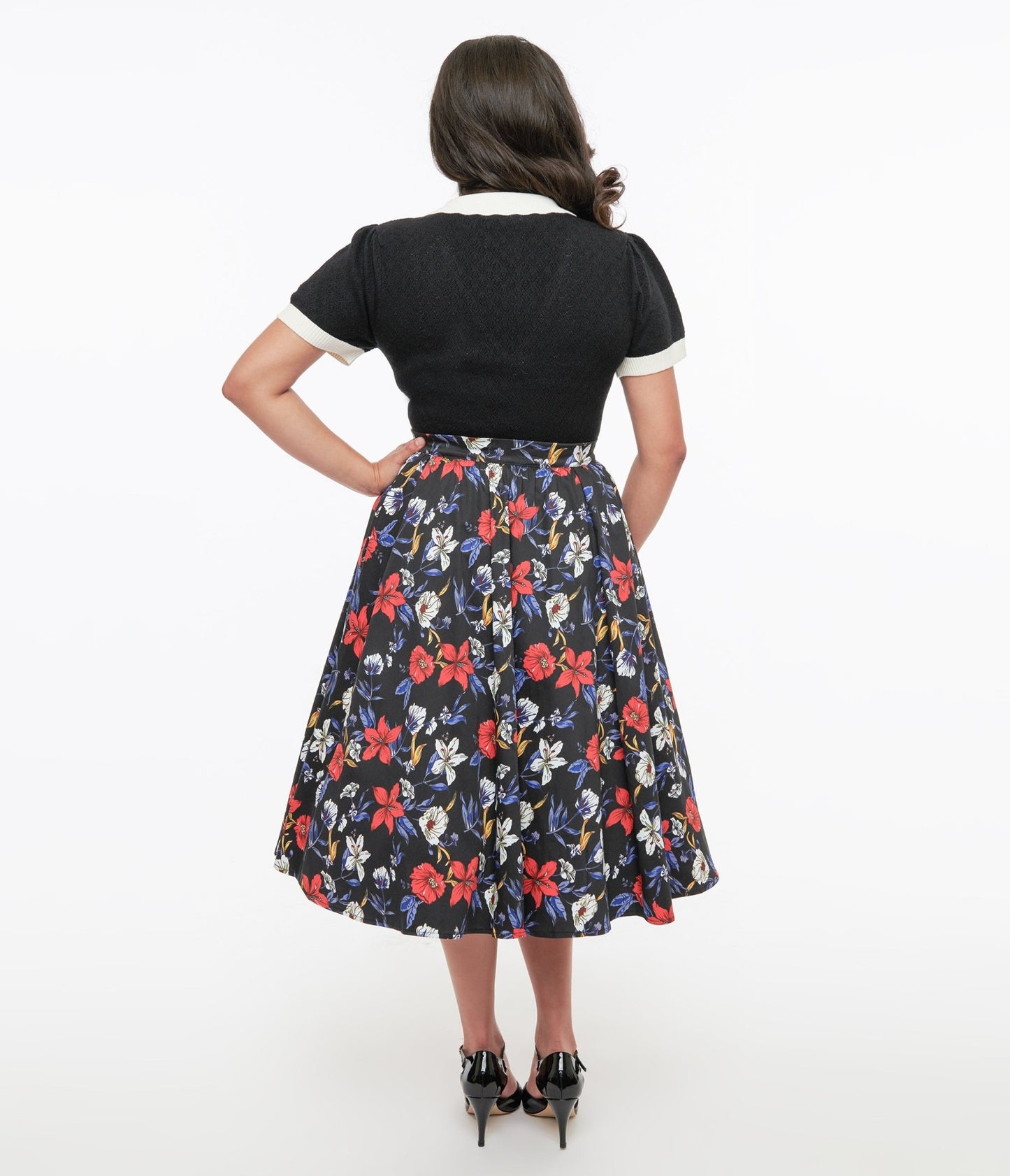 Black Floral Print Milly Swing Skirt - Unique Vintage - Womens, BOTTOMS, SKIRTS