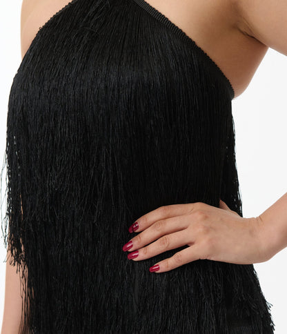 Black Fringe Halter Maxi Dress - Unique Vintage - Womens, DRESSES, MAXI