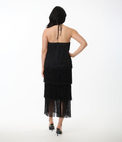 Black Fringe Halter Maxi Dress - Unique Vintage - Womens, DRESSES, MAXI