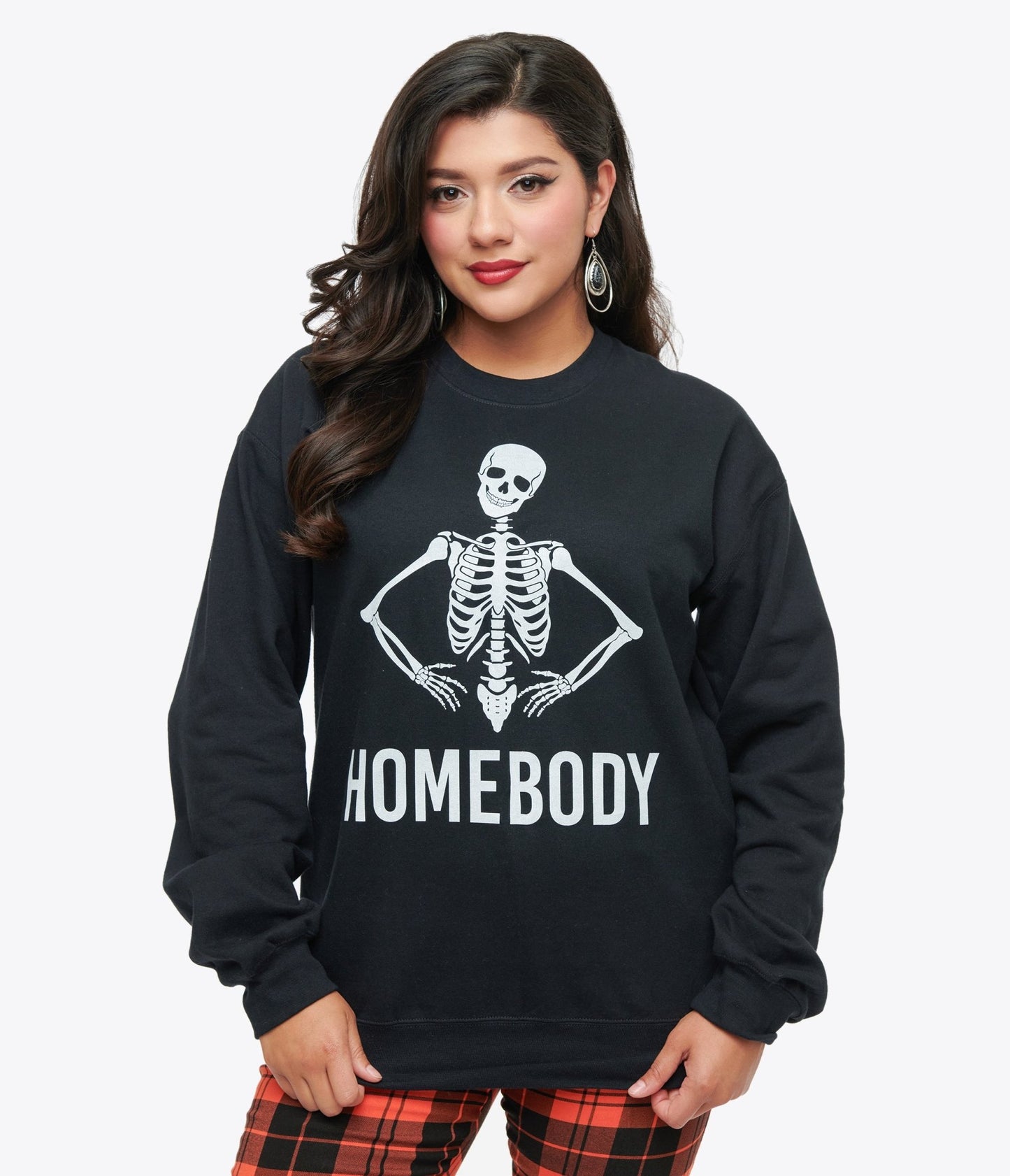 Black Homebody Skeleton Crewneck Sweater - Unique Vintage - Womens, HALLOWEEN, GRAPHIC TEES