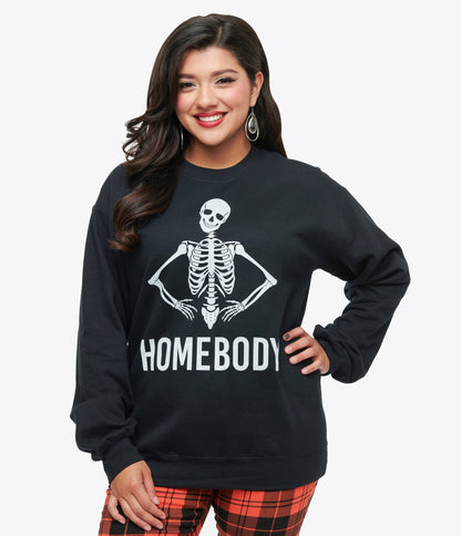 Black Homebody Skeleton Crewneck Sweater - Unique Vintage - Womens, HALLOWEEN, GRAPHIC TEES