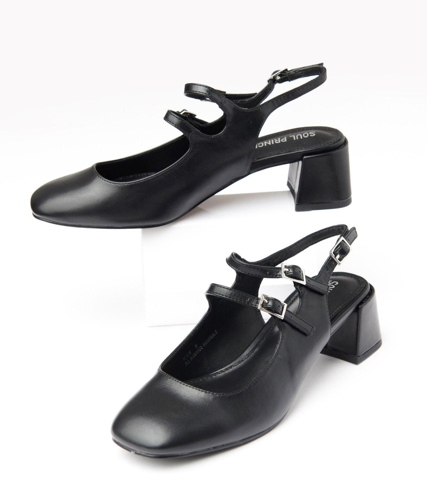 Black Leatherette Double Strap Mary Jane Slingback Heels - Unique Vintage - Womens, SHOES, HEELS