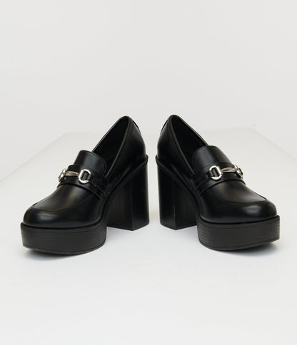 Black Leatherette Loafer Heels - Unique Vintage - Womens, SHOES, HEELS