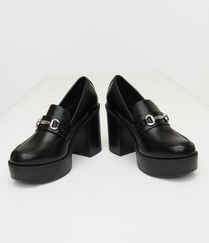 Black Leatherette Loafer Heels - Unique Vintage - Womens, SHOES, HEELS