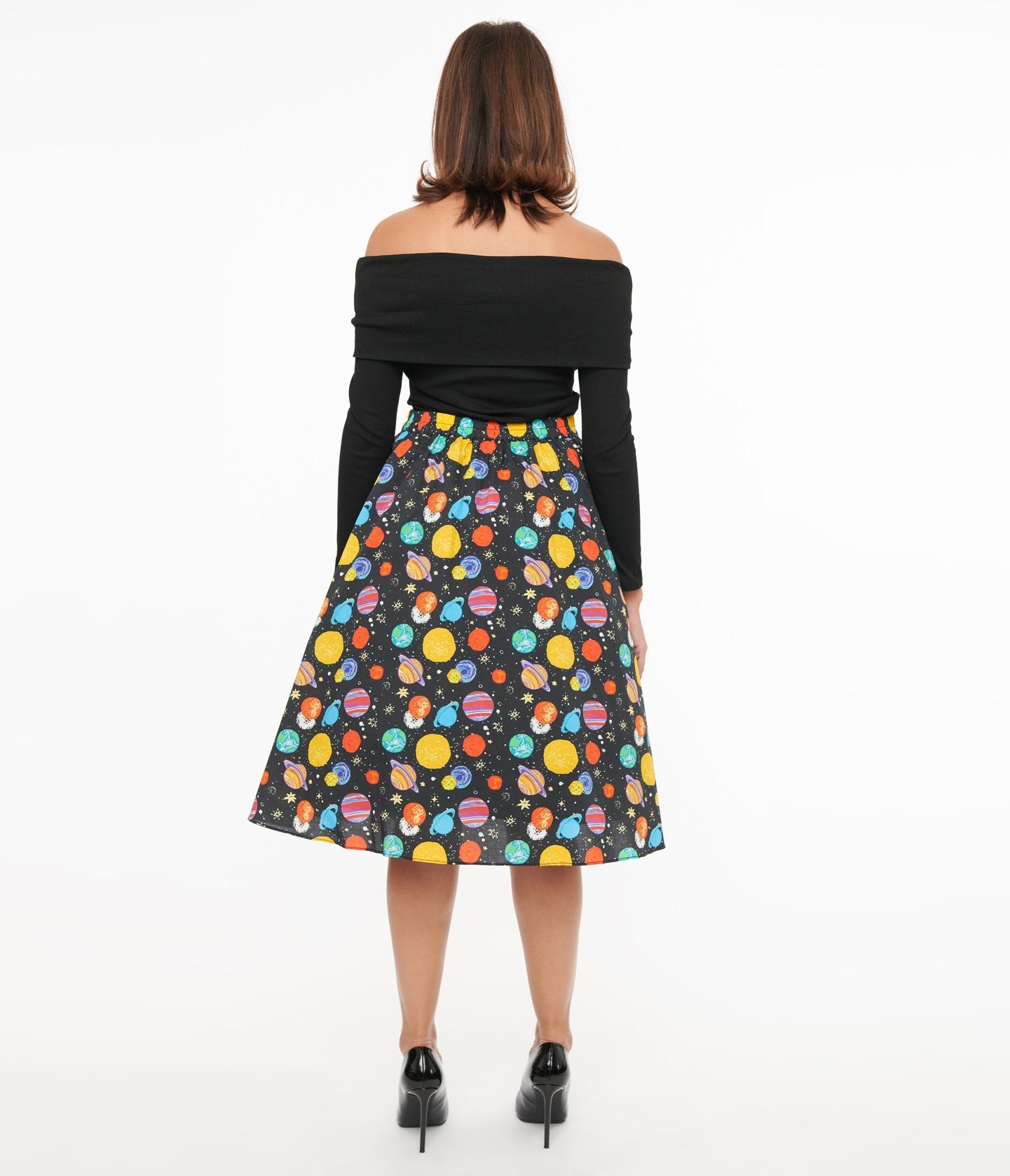 Black & Multicolor Planets Cotton Skirt - Unique Vintage - Womens, BOTTOMS, SKIRTS