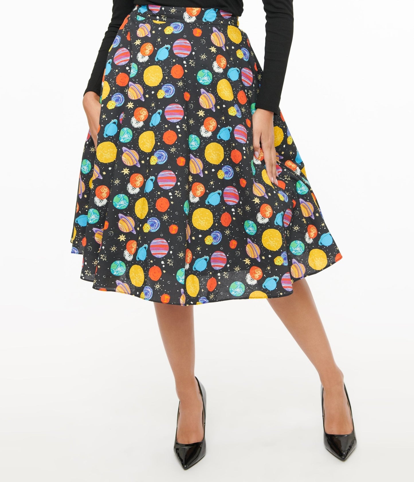 Black & Multicolor Planets Cotton Skirt - Unique Vintage - Womens, BOTTOMS, SKIRTS