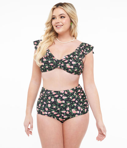 Black & Rose Print Two Piece Swim Set - Unique Vintage - Womens, SWIM, 1 PC