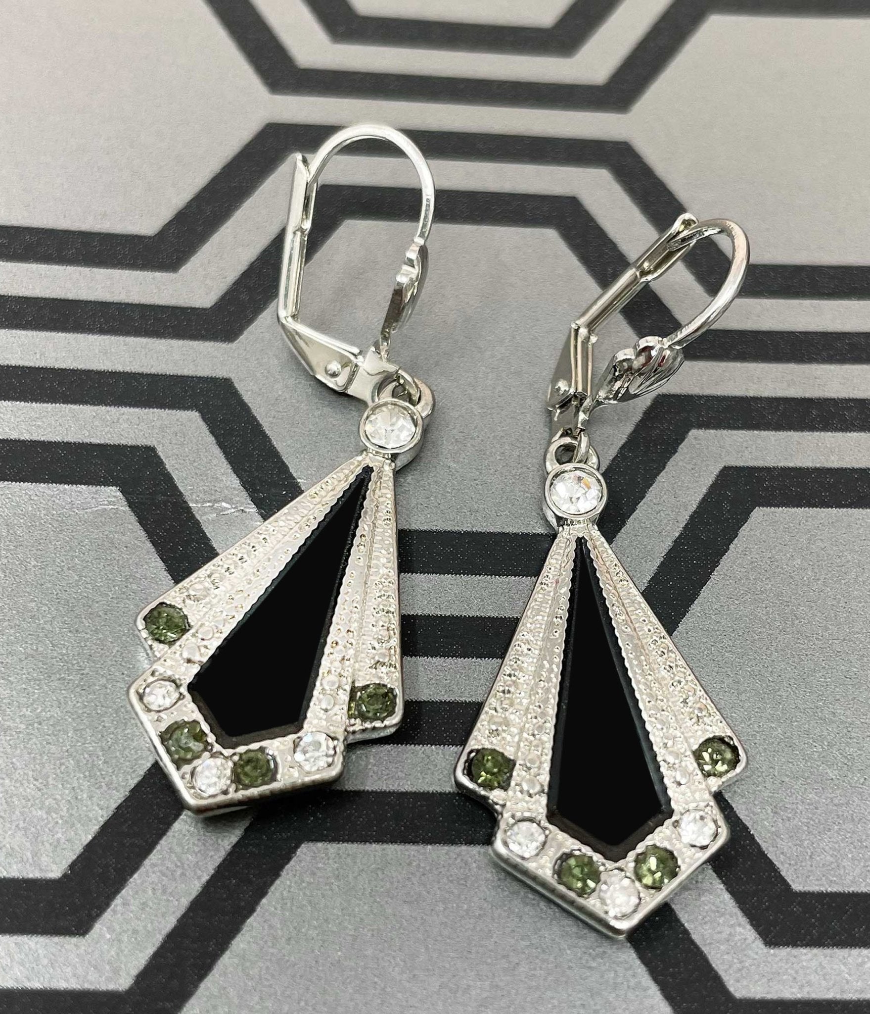 Black & Silver Rhinestone Deco Earrings - Unique Vintage - Womens, ACCESSORIES, JEWELRY