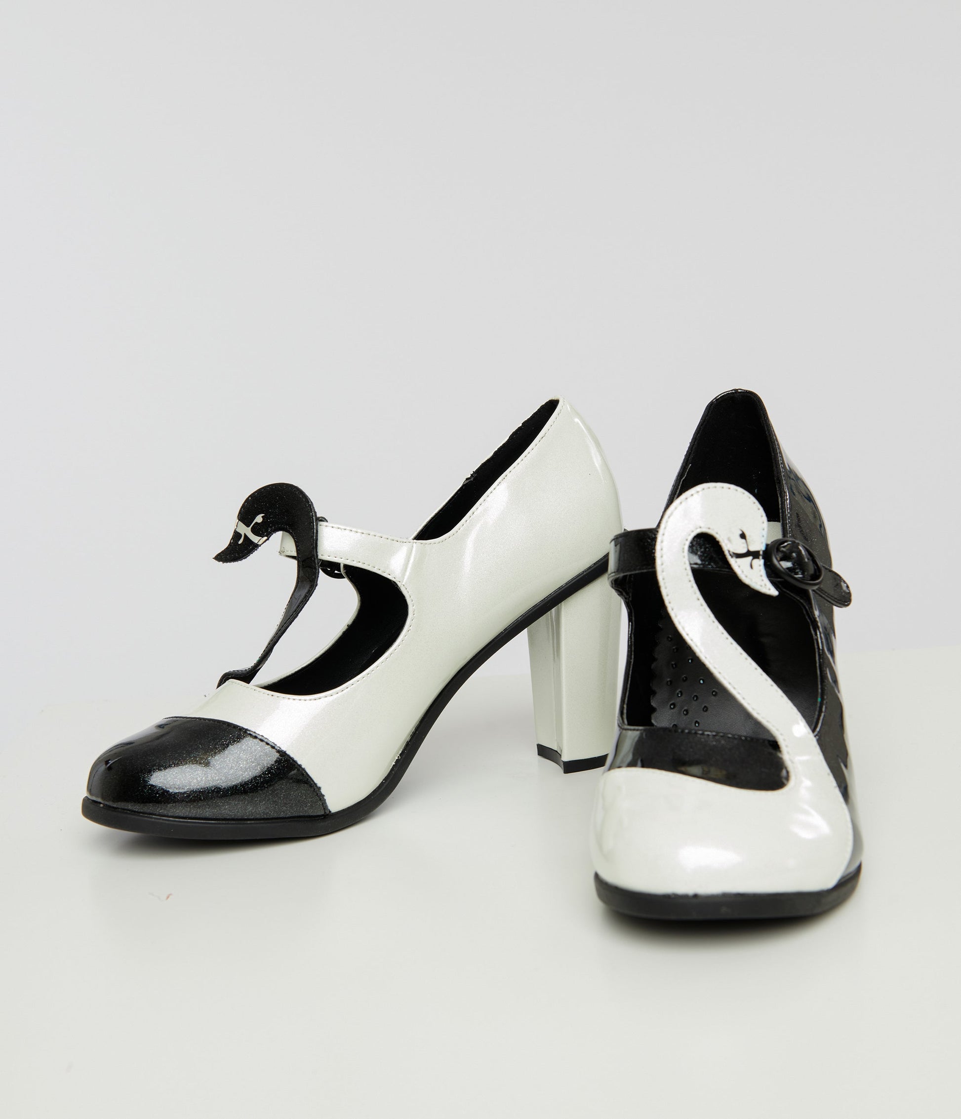 Black & White Patent Leatherette Swan Mary Jane Heels - Unique Vintage - Womens, SHOES, HEELS