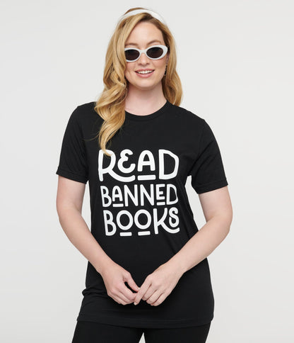 Black & White Read Banned Books Unisex Graphic Tee - Unique Vintage - Womens, HALLOWEEN, GRAPHIC TEES