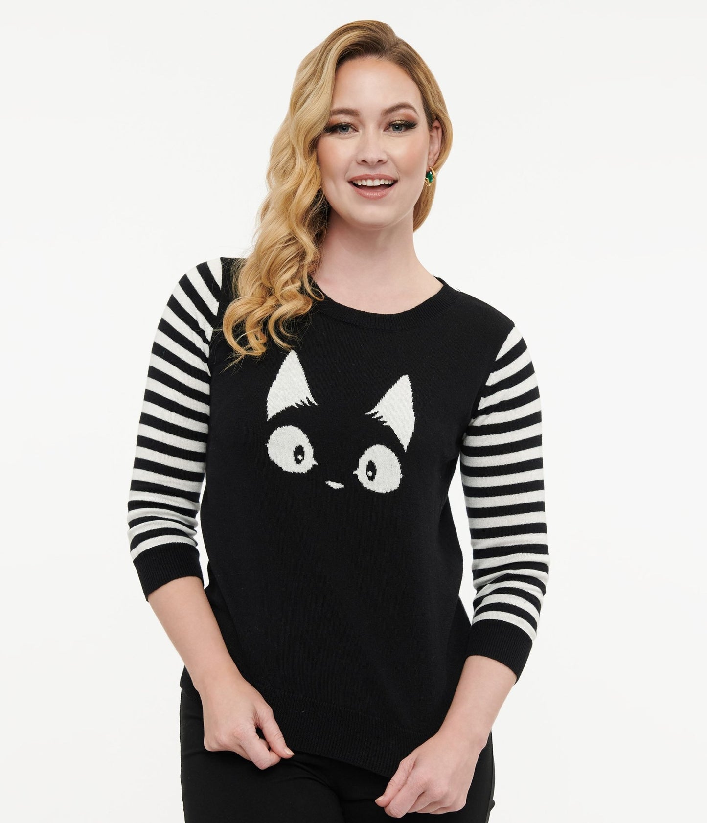 Black & White Stripe Knit Kitty Sweater - Unique Vintage - Womens, TOPS, SWEATERS