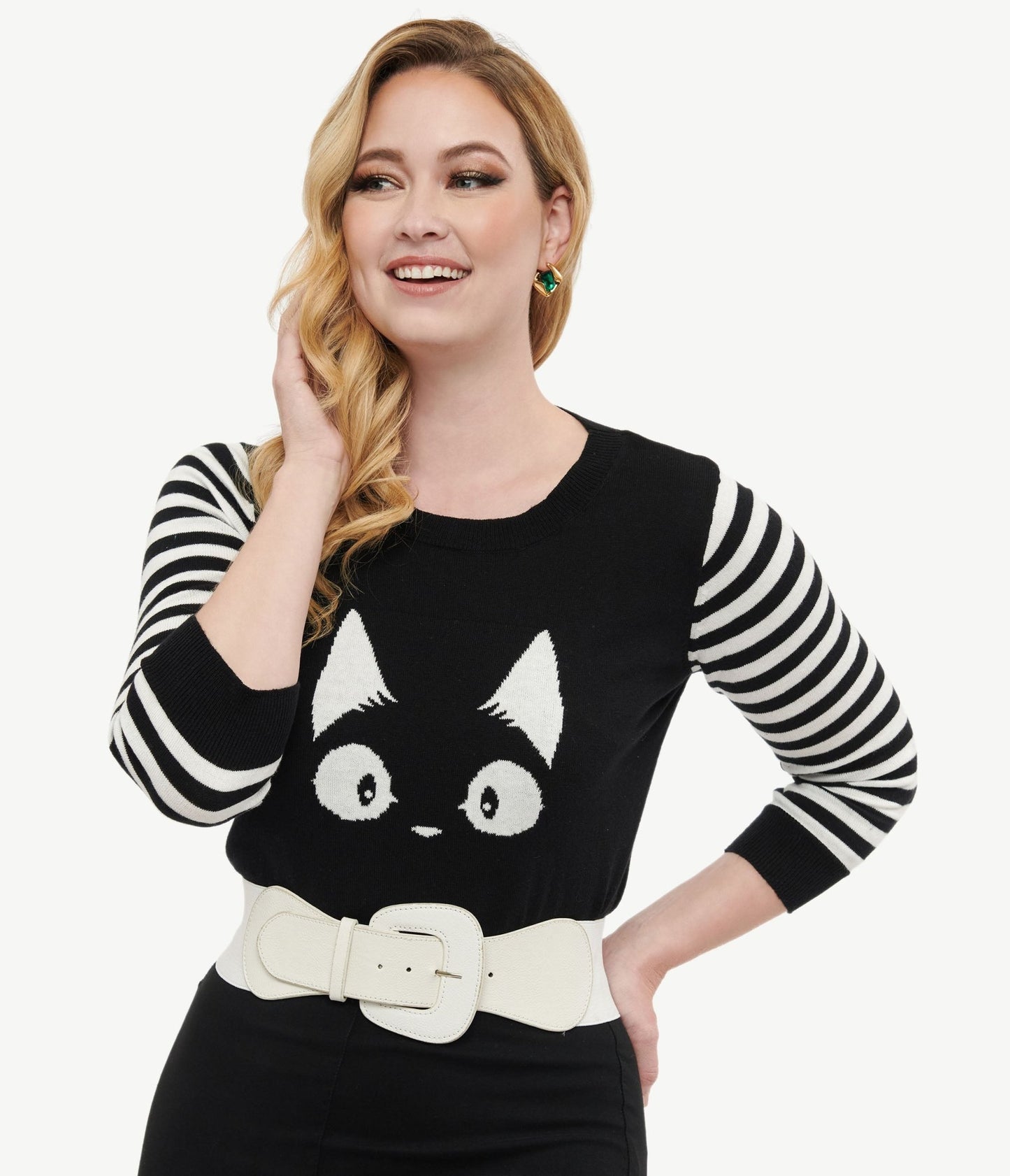 Black & White Stripe Knit Kitty Sweater - Unique Vintage - Womens, TOPS, SWEATERS