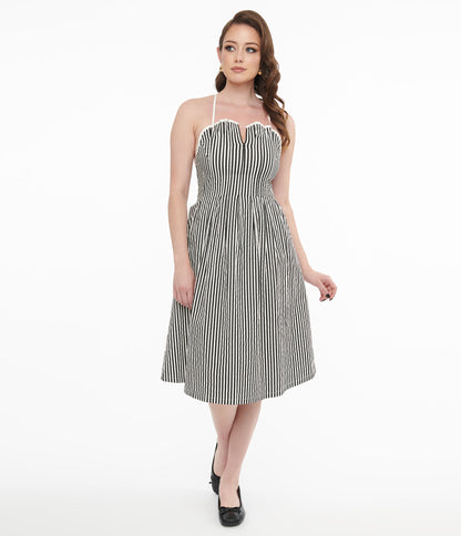 Black & White Striped Adeline Cotton Midi Dress - Unique Vintage - Womens, DRESSES, MIDI