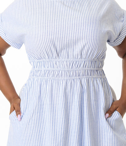 Blue & White Striped Midi Dress - Unique Vintage - Womens, DRESSES, MIDI